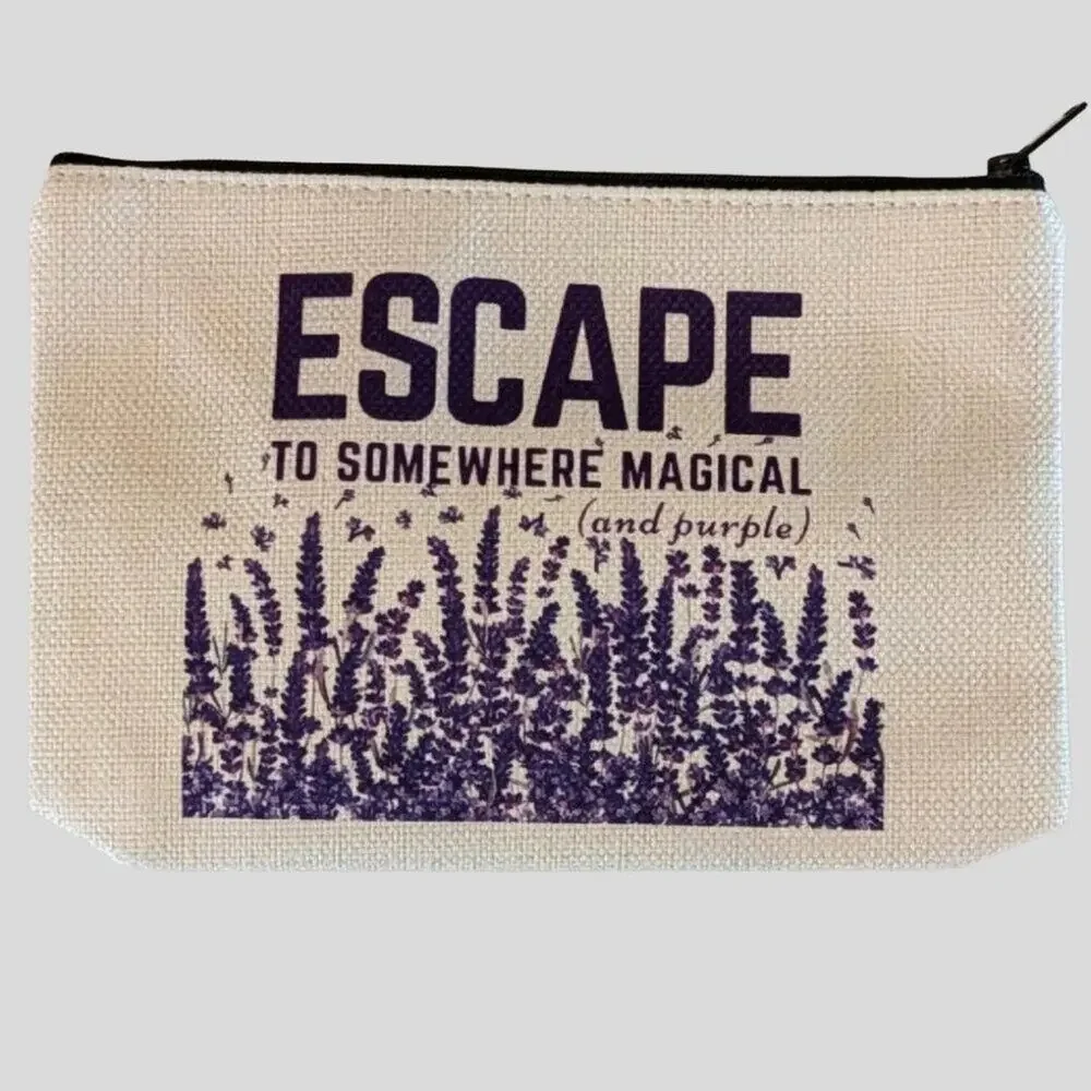 Lavender Floral Canvas Zipper Pouch Cosmetic Bag Travel Organizer Purple Boho